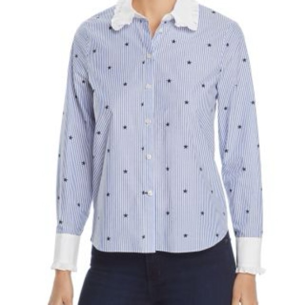 Kate Spade Blue & White Striped Star-Embroidered Button-Up Blouse (NWOT) - Small